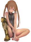 1girl bandage barefoot feet female hands_on_feet leotard nihoshi_(bipedal_s) original prosthesis simple_background sitting soles solo toes twintails white_background 