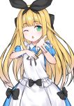  ;o absurdres apron bangs black_bow black_hairband black_ribbon blonde_hair blue_dress bow chestnut_mouth collared_dress commentary dress eyebrows_visible_through_hair green_eyes hair_bow hair_ribbon hairband hand_on_own_chest hashiko_nowoto highres long_hair looking_at_viewer maid_apron mononobe_alice nijisanji one_eye_closed parted_lips puffy_short_sleeves puffy_sleeves ribbon short_sleeves simple_background solo very_long_hair virtual_youtuber white_apron white_background 