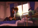  1boy 1girl bed bedroom clothed eye_patch gritted_teeth implied_sex ridding romantic school_uniform straddling sunset sweat 