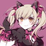  atobesakunolove black_cat_d.va black_dress black_gloves blonde_hair blush bow brown_eyes cleavage_cutout commentary d.va_(overwatch) dress earrings eyebrows_visible_through_hair eyes gloves hair_bow hand_up heart heart_earrings jewelry looking_at_viewer overwatch pink_bow puffy_short_sleeves puffy_sleeves purple_background short_sleeves signature smile solo twintails upper_body v-shaped_eyebrows 