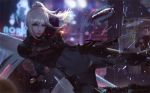  2boys black_gloves blonde_hair blue_eyes blurry blurry_background bodysuit boots broken_glass bullet city commentary driving firing glass gloves gun handgun lips long_hair multiple_boys original pale_skin parted_lips ponytail raikoart rain solo_focus standing taxi tess_turner weapon window 