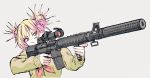  :/ assault_rifle bangs blonde_hair blue_sailor_collar boku_no_hero_academia buttons cardigan closed_mouth commentary_request double_bun eyebrows eyebrows_visible_through_hair finger_on_trigger gun highres holding holding_gun holding_weapon long_sleeves looking_away looking_to_the_side m4_carbine magazine_(weapon) messy_hair neckerchief orange_eyes red_neckwear rifle sailor_collar saitama_(antitankromeo) school_uniform scope serafuku short_hair silver_background simple_background sleeves_past_wrists solo suppressor toga_himiko upper_body weapon weapon_request 