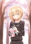  ^_^ artist_name black_serafuku black_skirt blonde_hair blush closed_eyes commentary cup drinking_straw facing_viewer grin highres mechanical_arm original outdoors piripun prosthesis school_uniform serafuku short_hair signature skirt smile solo teeth tree 