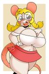  2018 anthro big_breasts blonde_hair blush breasts buckteeth clothed clothing digital_media_(artwork) eyewear female glasses hair hi_res kloudmutt long_hair looking_at_viewer mammal mouse navel open_mouth pigtails pink_nose rodent skirt solo teeth 