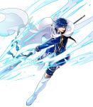  aura belt blue_eyes blue_hair boots cape finn_(fire_emblem) fire_emblem fire_emblem:_seisen_no_keifu fire_emblem:_thracia_776 fire_emblem_heroes full_body gloves highres itagaki_hako male_focus official_art open_mouth polearm solo spear teeth transparent_background weapon 