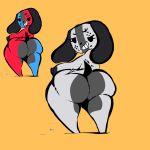  2017 alternate_color animate_inanimate anthro big_breasts big_butt breasts butt butt_focus canine digital_media_(artwork) dog eyelashes featureless_feet female grin half-closed_eyes hand_on_butt hi_res huge_breasts huge_butt looking_back mammal nintendo nintendo_switch nipples short_stack simple_background smile solo switch_dog video_games wolflance yellow_background 