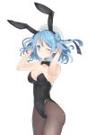  alternate_costume animal_ears bare_shoulders black_legwear black_leotard blue_eyes blue_hair bow bowtie breasts bunny_ears bunnysuit cleavage detached_collar double_bun fake_animal_ears hat kantai_collection leotard medium_breasts pantyhose sailor_hat solo strapless strapless_leotard urakaze_(kantai_collection) white_hat wrist_cuffs yuzuruka_(bougainvillea) 