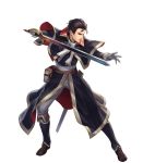  belt black_hair book boots brown_eyes capelet cuboon fire_emblem fire_emblem:_thracia_776 fire_emblem_heroes full_body gloves highres male_focus official_art reinhardt_(fire_emblem) solo sword transparent_background weapon 