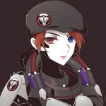 atobesakunolove beret blackwatch_(overwatch) blackwatch_moira blue_eyes bodysuit closed_mouth commentary_request expressionless eyebrows_visible_through_hair eyes_visible_through_hair grey_background hat heterochromia looking_at_viewer military moira_(overwatch) overwatch pale_skin pink_lips red_eyes red_hair signature simple_background solo upper_body 