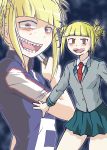  1girl bangs blonde_hair blunt_bangs blush boku_no_hero_academia double_bun hair_bun jacket multiple_views open_mouth school_uniform sharp_teeth skirt solo uranoyoru yellow_eyes 