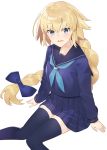  :d alternate_costume aqua_eyes aqua_neckwear black_legwear blonde_hair blue_sailor_collar blue_serafuku blush bow braid commentary_request eyebrows_visible_through_hair fate/apocrypha fate/grand_order fate_(series) hair_bow hayashi_kewi jeanne_d'arc_(fate) jeanne_d'arc_(fate)_(all) long_hair long_sleeves looking_at_viewer neckerchief open_mouth pleated_skirt raised_eyebrows sailor_collar school_uniform serafuku simple_background single_braid single_horizontal_stripe sketch_eyebrows skirt smile solo thighhighs very_long_hair white_background zettai_ryouiki 