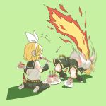 1boy 1girl 2018 anniversary arched_back belt birthday_cake blonde_hair blue_eyes bow breathing_fire brother_and_sister cake covering_mouth detached_sleeves eating fire food fork hair_bow hair_ornament hairclip happy_birthday headphones headset highres hot_sauce kagamine_len kagamine_rin kneeling leg_warmers midriff motion_blur motion_lines navel necktie pain plate pocket prank rindo sailor_collar short_hair short_ponytail shorts siblings smile spicy twins vocaloid 
