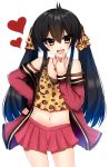  :d animal_print bad_id bad_twitter_id bangs bare_shoulders black_hair blush brown_camisole brown_eyes camisole commentary_request cowboy_shot eyebrows_visible_through_hair hair_between_eyes hand_on_hip head_tilt heart heart_necklace highres idolmaster idolmaster_cinderella_girls jacket jewelry leopard_print long_hair long_sleeves matoba_risa midriff miniskirt navel open_mouth pink_jacket pink_skirt pleated_skirt print_camisole print_ribbon ribbon ricroot simple_background skirt smile solo twintails v very_long_hair white_background 