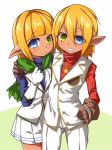  1girl aura_bella_fiora blonde_hair blue_eyes brll brother_and_sister commentary_request crossdressing elf gloves green_eyes grin heterochromia looking_at_viewer mare_bello_fiore otoko_no_ko overlord_(maruyama) pointy_ears reverse_trap short_hair siblings smile tomboy twins 