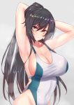  armpits arms_behind_head arms_up bangs black_hair breasts cleavage closed_mouth collarbone competition_swimsuit covered_navel eyebrows_visible_through_hair grey_background highleg highleg_swimsuit highres idolmaster idolmaster_shiny_colors large_breasts long_hair looking_at_viewer one-piece_swimsuit ponytail sankakusui shiny shiny_hair shiny_skin shirase_sakuya simple_background skin_tight smile solo steaming_body swimsuit upper_body very_long_hair white_swimsuit yellow_eyes 