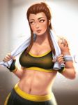  arm_tattoo breasts brigitte_(overwatch) brown_eyes brown_hair cleavage fingerless_gloves freckles gloves medium_breasts midriff navel overwatch ponytail smile solo sports_bra stomach sweat tattoo toned towel umigraphics upper_body 