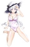  arm_behind_back arm_support ass_visible_through_thighs azur_lane bangs bare_arms bare_legs bare_shoulders barefoot black_ribbon blush breasts cleavage closed_mouth collarbone commentary eyebrows eyebrows_visible_through_hair fingernails flower full_body hair_flower hair_ornament hair_ribbon hand_on_headwear hand_up hat heart heart_ring_top highres illustrious_(azur_lane) lavender_eyes legs_apart long_hair looking_at_viewer medium_breasts mole mole_under_eye one-piece_swimsuit ponytail purple_swimsuit ribbon saitama_(antitankromeo) sidelocks simple_background sitting smile solo straight_hair sun_hat swimsuit toenails tress_ribbon very_long_hair wariza white_background white_flower white_hair white_hat 