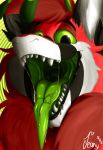 black_eyes black_lips dragon ear_tuft fangs fluffy fur furred_dragon green_mouth green_sclera horn jeany545 looking_at_viewer male neck_tuft pixiemiata red_fur smile solo teeth throat tongue tuft white_fur 