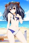  alfred_cullado bare_shoulders beach bikini black_hair blush breasts commentary cowboy_shot day four_goddesses_online:_cyber_dimension_neptune goggles goggles_on_head hair_between_eyes highres navel neptune_(series) ocean outdoors red_eyes small_breasts smile solo swimsuit two_side_up uni_(choujigen_game_neptune) 