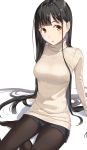  black_hair brown_eyes ear_piercing earrings highres jewelry kimura_(ykimu) legwear_under_shorts long_hair looking_to_the_side no_shoes open_mouth original pantyhose pantyhose_under_shorts piercing shorts sitting solo sweater turtleneck turtleneck_sweater white_background 