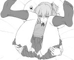  bangs feet folded greyscale hair_bobbles hair_ornament heart highres kneehighs kyokucho long_sleeves lying miniskirt monochrome on_back original panties pillow pleated_skirt school_uniform side_ponytail skirt soles solo spoken_heart sweater_vest thighs toes underwear 