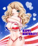  american_flag american_flag_bikini bikini blonde_hair blue_eyes breasts burafu camisole cleavage closed_mouth commentary_request cowboy_shot english eyebrows_visible_through_hair flag_background flag_print girls_und_panzer hair_intakes happy_birthday kay_(girls_und_panzer) large_breasts long_hair looking_at_viewer navel no_pants one_eye_closed pink_shirt shirt shirt_lift side-tie_bikini smile solo standing swimsuit 