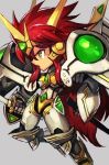  armor chibi from_side gauntlets green_eyes grey_background hankuri headgear holding holding_weapon katana long_hair open_mouth pauldrons profile red_hair robot scabbard sheath simple_background solo super_robot_wars sword unsheathed valsione very_long_hair weapon 