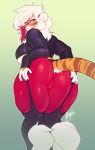  2018 anthro big_breasts big_butt breasts butt butt_grab buxbi buxbi_(character) camel_toe clothed clothing digital_media_(artwork) feline female gradient_background hair hand_on_butt hands_behind_back legwear looking_at_viewer looking_back mammal multicolored_hair orange_eyes pink_nose presenting presenting_hindquarters simple_background smile solo tiger white_hair wide_hips 
