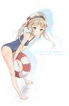  absurdres barefoot blonde_hair blue_eyes hat highres innertube jerry3912 leaning_forward legs long_hair one-piece_swimsuit original school_swimsuit solo swimsuit twintails 