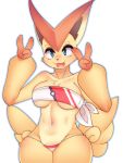 2018 3_fingers blue_eyes breasts clothed clothing digital_media_(artwork) double_v_sign fangs female hi_res legendary_pok&eacute;mon nintendo open_mouth open_smile pok&eacute;mon pok&eacute;mon_(species) raikissu simple_background smile solo v_sign victini video_games white_background 