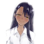  backlighting black_hair commentary_request dark_skin ear_clip hair_ornament hairclip head_tilt highres ijiranaide_nagatoro-san long_hair looking_at_viewer nagatoro qqyy8rf9k shirt simple_background smile solo upper_body white_background white_shirt yellow_eyes 