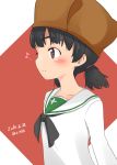  alternate_costume artist_name bangs black_neckwear blouse blue_eyes blush_stickers brown_hair brown_hat check_commentary closed_mouth commentary commentary_request dated from_side fur_hat girls_und_panzer hair_tie hat highres hoshikawa_(hoshikawa_gusuku) humming long_sleeves looking_to_the_side musical_note neckerchief nina_(girls_und_panzer) ooarai_school_uniform quarter_note school_uniform serafuku short_hair short_twintails smile solo standing twintails upper_body ushanka white_blouse 