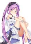  aroma0501 bangs bare_shoulders barefoot black_hairband blush closed_mouth commentary_request dress euryale eyebrows_visible_through_hair fate/grand_order fate/hollow_ataraxia fate_(series) fingernails flower frilled_hairband frills hairband highres long_hair looking_at_viewer looking_to_the_side pink_flower pink_rose purple_eyes purple_hair rose sidelocks simple_background sitting sleeveless sleeveless_dress smile solo toenails twintails very_long_hair white_background white_dress 