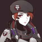  atobesakunolove beret blackwatch_(overwatch) blackwatch_moira bodysuit closed_mouth commentary_request expressionless eyebrows_visible_through_hair eyes_visible_through_hair grey_background hat looking_at_viewer military moira_(overwatch) overwatch pale_skin pink_lips red_eyes red_hair signature simple_background solo upper_body 