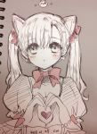  :o animal_ears atobesakunolove black_cat_d.va blush bow bowtie cat_ears d.va_(overwatch) dated eyebrows_visible_through_hair hair_bow heart heart_hands highres looking_at_viewer monochrome overwatch parted_lips photo puffy_short_sleeves puffy_sleeves short_sleeves signature solo traditional_media twintails upper_body 