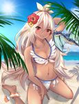  absurdres ahoge ankle_garter arm_up ayumira_(axlx3) bangs bare_shoulders beach bikini blue_sky blush breasts cleavage collarbone commentary_request dark_skin day dragon eyebrows_visible_through_hair flower front-tie_bikini front-tie_top granblue_fantasy hair_between_eyes hair_flower hair_ornament hibiscus highres hips long_hair looking_at_viewer medium_breasts navel ocean outdoors red_eyes sitting sky smile solo sunlight swimsuit thighs wariza white_bikini white_hair zooey_(granblue_fantasy) 
