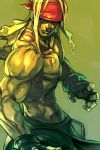  abs alex_(street_fighter) black_gloves blonde_hair closed_mouth commentary fighting_stance fingerless_gloves fingernails gloves green_background hankuri headband long_hair male_focus muscle shirtless solo standing street_fighter upper_body 