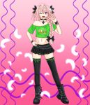  ;d ankle_boots astolfo_(fate) bangs black_bow black_choker black_footwear black_legwear black_skirt boots bow bracelet braid chain_belt choker clothes_writing collarbone combat_boots commentary_request contrapposto crop_top fang fate/apocrypha fate_(series) feathers full_body greek_cross green_ribbon green_shirt hair_between_eyes hair_bow hair_intakes hair_over_shoulder hand_on_hip hand_up highres jewelry long_hair looking_at_viewer male_focus miniskirt multicolored_hair navel off-shoulder_shirt off_shoulder one_eye_closed open_mouth otoko_no_ko pendant pink_background pink_hair pleated_skirt print_shirt purple_eyes ribbon ribbon-trimmed_legwear ribbon_trim risvu shirt short_sleeves simple_background single_braid skirt smile solo standing stomach streaked_hair studded_bracelet thighhighs two-tone_hair v white_hair zettai_ryouiki 