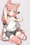  :3 animal_ear_fluff animal_ears armpits bike_shorts black_choker blue_eyes bright_pupils cat_ears choker closed_mouth eyebrows_visible_through_hair grey_background hands_up highres hinata_channel hiranko long_hair looking_at_viewer loose_clothes loose_shirt low_twintails mismatched_legwear nekomiya_hinata off_shoulder pink_hair pink_legwear shirt shoes simple_background sleeveless sleeveless_shirt solo striped striped_legwear thighhighs twintails very_long_hair white_footwear white_shirt wristband 
