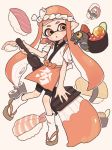  :o =3 apron bangs bike_shorts black_shorts blush_stickers chum_(splatoon) clothes_writing commentary domino_mask fish food full_body gomi_(kaiwaresan44) holding holding_weapon inkling japanese_clothes long_hair mask octarian octobrush_(splatoon) octotrooper orange_apron orange_eyes orange_hair parted_lips pointy_ears salmonid sandals shirt shorts shrimp solo splatoon_(series) splatoon_2 standing sushi sweatdrop tabi tentacle_hair waist_apron weapon white_headband white_legwear white_shirt 