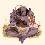  1boy 1girl alphonse_elric armor commentary crown dress elicia_hughes flower full_armor full_body fullmetal_alchemist grass head_wreath image_sample looking_at_viewer lowres pink_background simple_background sitting tumblr_sample twintails 