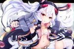  :o action aiming_at_viewer animal_ears arm_strap azur_lane bangs bare_shoulders belt black_hairband blush bra breasts buckle bunny_ears cannon charging_(attack) cleavage clothes_writing collarbone commentary_request eyebrows_visible_through_hair floating_hair fur-trimmed_jacket fur_trim groin hair_between_eyes hair_ornament hairband headgear highres holding holding_weapon jacket laffey_(azur_lane) long_hair long_sleeves looking_at_viewer miniskirt navel nya_rl off_shoulder open_mouth outside_border pleated_skirt red_eyes red_hairband remodel_(azur_lane) searchlight shiny shiny_skin silver_hair simple_background skindentation skirt small_breasts smoke_trail solo stomach thighhighs thighs turret twintails underwear very_long_hair weapon white_bra white_legwear wind wind_lift 