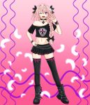  ;d ankle_boots astolfo_(fate) bangs black_bow black_choker black_footwear black_legwear black_shirt black_skirt boots bow bracelet braid chain_belt choker collarbone combat_boots commentary_request contrapposto crop_top fang fate/apocrypha fate_(series) feathers fleur_de_lis full_body greek_cross hair_between_eyes hair_bow hair_intakes hair_over_shoulder hand_on_hip hand_up highres jewelry long_hair looking_at_viewer male_focus miniskirt multicolored_hair navel off-shoulder_shirt off_shoulder one_eye_closed open_mouth otoko_no_ko pendant pink_background pink_hair pink_ribbon pleated_skirt print_shirt purple_eyes ribbon ribbon-trimmed_legwear ribbon_trim risvu shirt short_sleeves simple_background single_braid skirt smile solo standing stomach streaked_hair studded_bracelet thighhighs two-tone_hair v white_hair zettai_ryouiki 