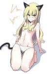  animal_ears arm_support blonde_hair blush breasts cat_ears cat_tail commentary_request glasses groin hair_censor hand_on_hip highres kneeling long_hair navel panties perrine_h_clostermann sketch skindentation small_breasts solo strike_witches sweat tail topless underwear white_legwear world_witches_series yellow_eyes yuzuyoukan 