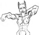  2018 abdominal_muscles abs arm_muscles athletic_female biceps big_ears birthmark bone breasts canine chest_fur collarbone eyelashes female fist flexing fluffy fur happy harpseal hybrid inner_ear_fluff looking_away mammal muscular muscular_female nipples nude pointy_ears pupils ribs smile spiky_hair standing tasteful_nudity tuft wide_hips wolf 