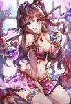  :d between_legs blue_eyes bra breasts brown_hair choker cleavage cokecoco detached_sleeves eyebrows_visible_through_hair floating_hair frilled_skirt frills granblue_fantasy hair_between_eyes hair_ornament hand_between_legs heart heart_necklace holding ichinose_shiki idolmaster idolmaster_cinderella_girls long_hair medium_breasts midriff miniskirt navel open_mouth pink_bra pink_skirt see-through sitting skirt smile solo stomach thigh_strap twintails underwear very_long_hair 