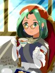  belt beret cape chair cup dated elbow_gloves glasses gloves grandia grandia_i green_eyes green_hair hat light_blush light_smile lio_(lune24) looking_at_viewer mio_(grandia) pince-nez sash short_hair sitting sketch solo table tea teacup translation_request twitter_username 