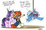  2018 baseball_bat blindfold bobthedalek bound cloak clothing dialogue earplugs english_text equine friendship_is_magic hat horn mammal my_little_pony party_hat rope starlight_glimmer_(mlp) sunburst_(mlp) suspension text trixie_(mlp) unicorn 