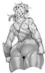  ass bare_shoulders cheetara flying_sweatdrops from_behind greyscale highres long_hair looking_at_viewer looking_back mask monochrome o-ring pantyhose simple_background solo synecdoche thick_thighs thighs thundercats toned white_background 