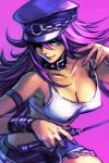  armband bare_shoulders belt belt_collar blue_eyes breasts closed_mouth commentary covered_nipples final_fight fingernails hankuri hat holding large_breasts long_hair looking_at_viewer nail_polish peaked_cap poison_(final_fight) purple_background purple_nails riding_crop smile solo tank_top upper_body 
